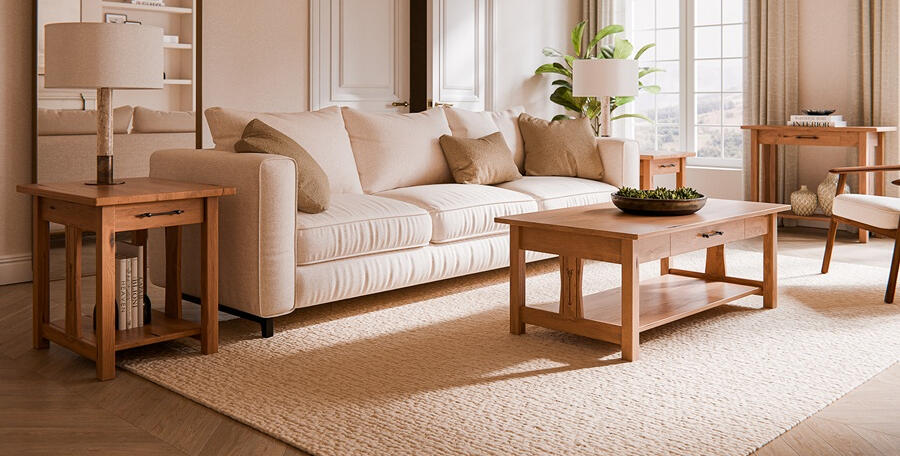 Signature Living Room Collection Custom Amish solid-wood coffee and end tables by Country Value Woodworks in a bright living room