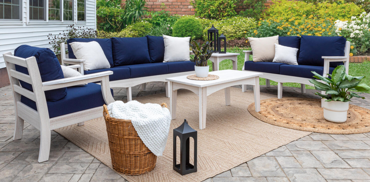 Poly Outdoor Deep Seating Paradise Outdoor Designs white Tangent HDPE poly deep-seating set with navy cushions